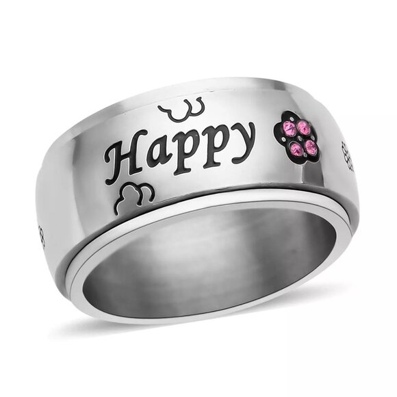 Happy Engraved Spinner Ring Austrian Crystal & Enameled Purple Size 10 - Picture 2 of 6
